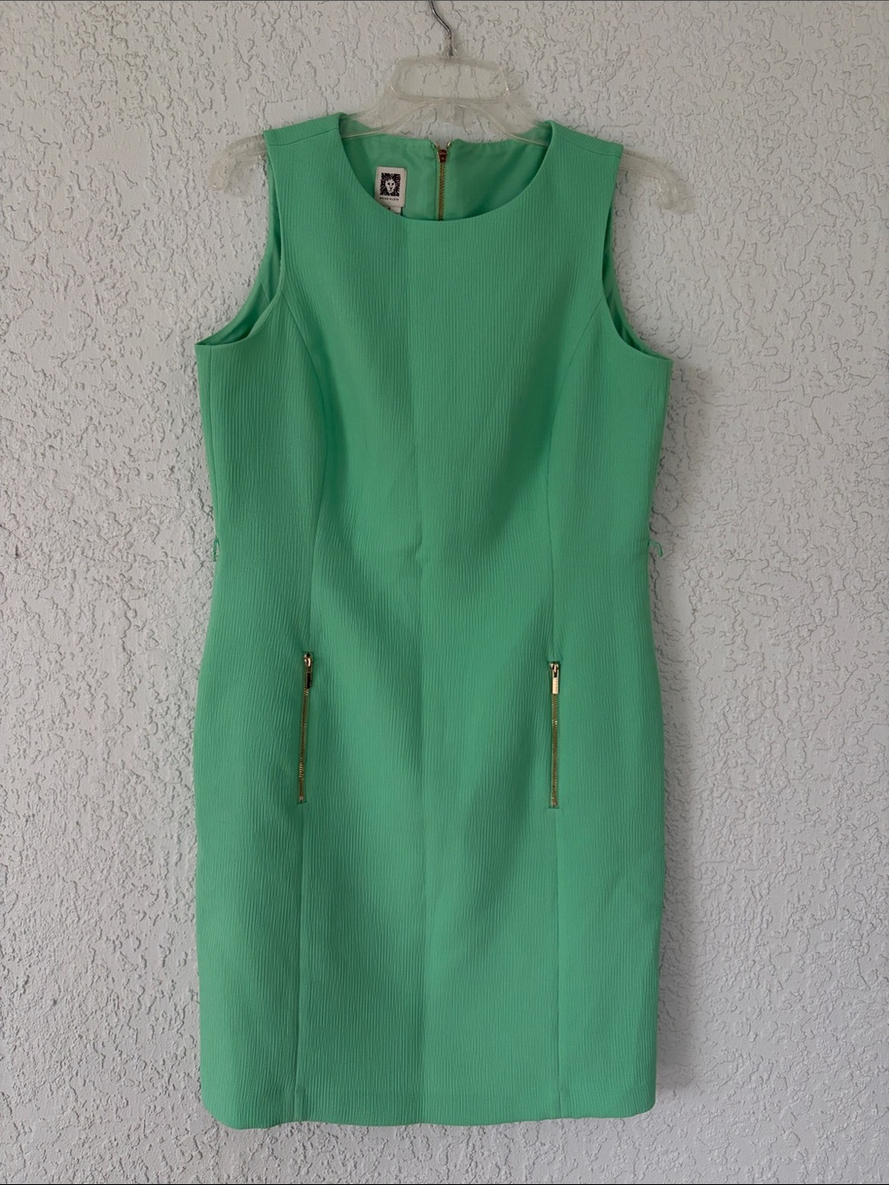 Anne Klein Sleeveless Mint Green Midi Sheath Dress with Gold Zippers size 8